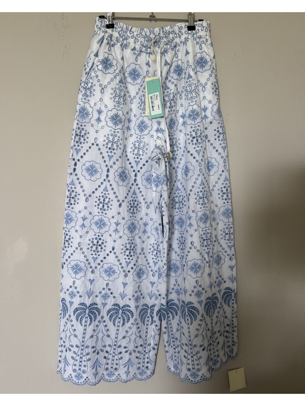 Women’s Shore Cece Wide Leg Eyelet Beach Pool Pant Atlantic Palms XS Blue White